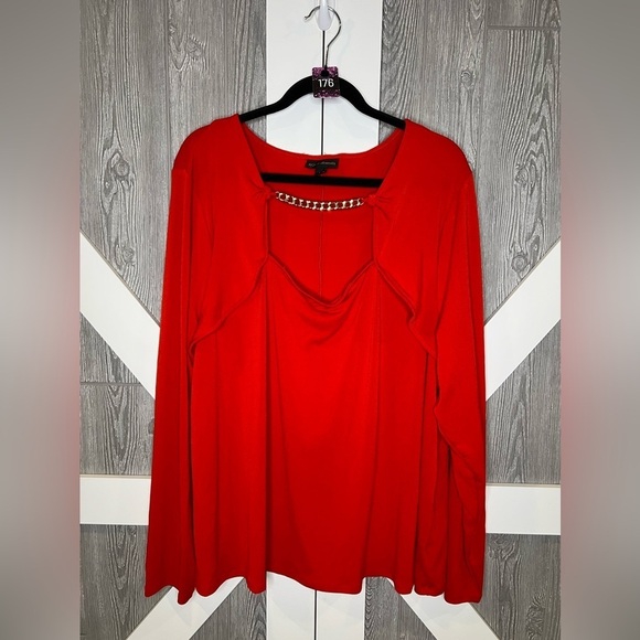 176. NWOT BOLD ELEMENTS Chain Link Neckline Red & Gold Chain Top Blouse 3X - Picture 1 of 8